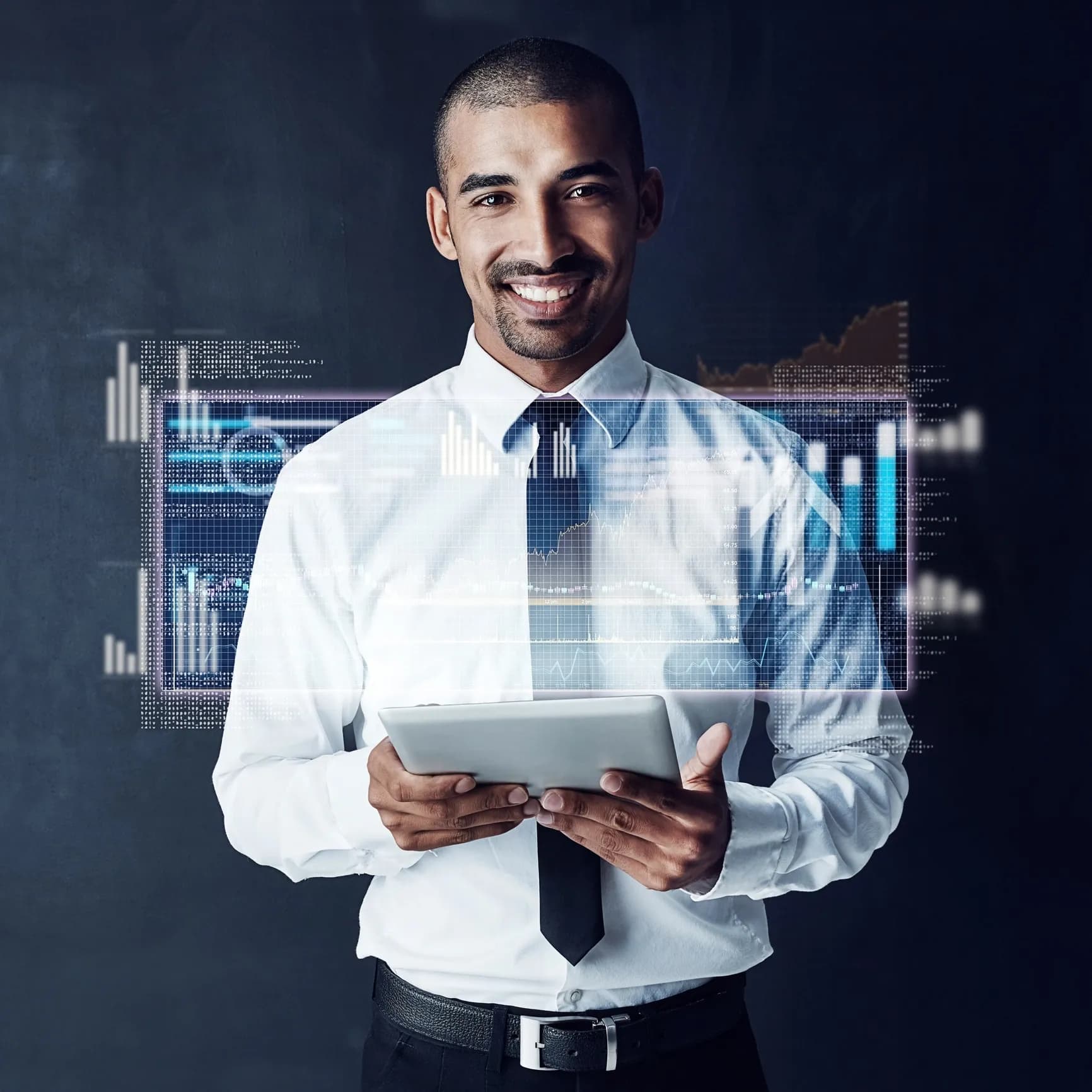 Business professional using a tablet with digital charts